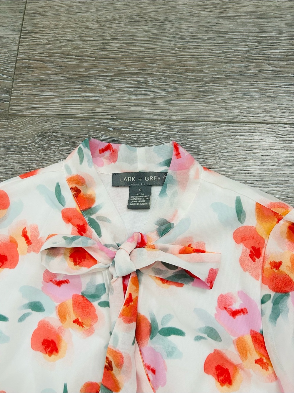 Lark + Grey Tie-Neck Floral Midi Dress in White with Pink & Orange Print - Picture 4 of 9